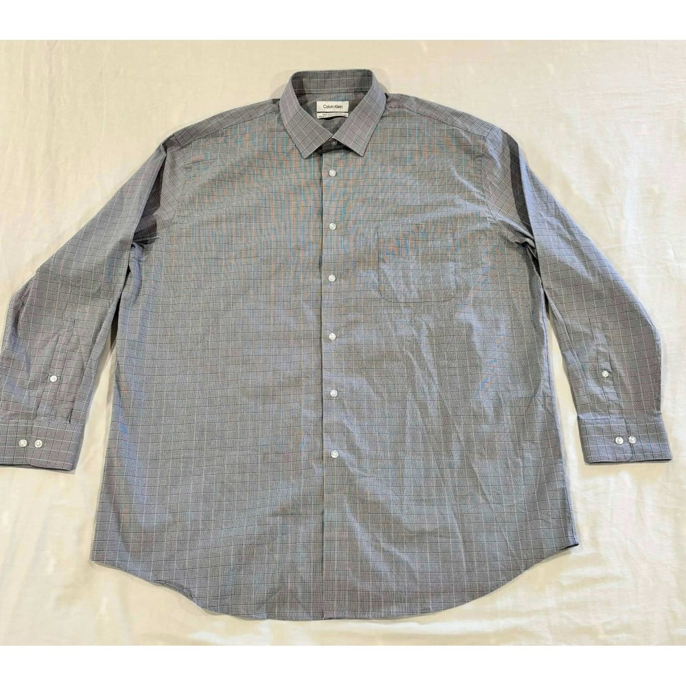 Calvin Klein Mens XL‎ Grey Micro Check Tech Active Stretch Dress Shirt